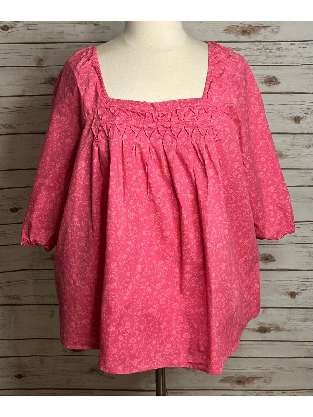 d&co pink floral square neck 3/4 length sleeve peasant top 4X cottagecore boho